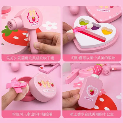 Children Wooden Play House Toys Pink Makeup Bag Simulation Girl Make Up Set Dressing Table Cosmetics Toys Beauty & Fashion Toys