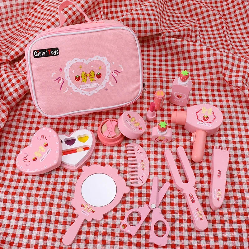 Children Wooden Play House Toys Pink Makeup Bag Simulation Girl Make Up Set Dressing Table Cosmetics Toys Beauty & Fashion Toys