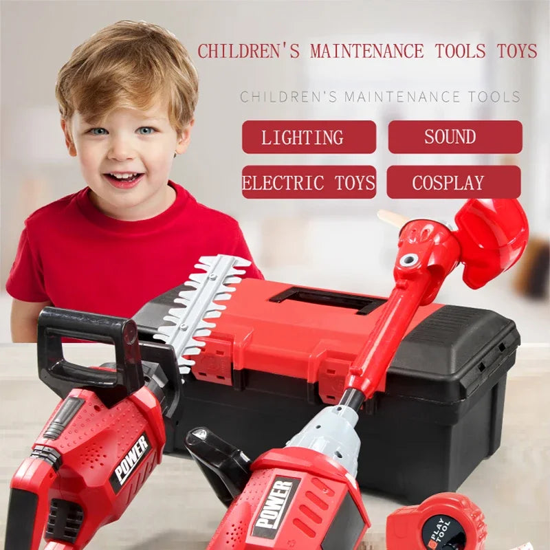Children Electric Toolbox Pretend Play Toys Baby Simulation Tools Repair Lawn Mower Saw Hair Dryer Toy Maintenance Tool for Kid